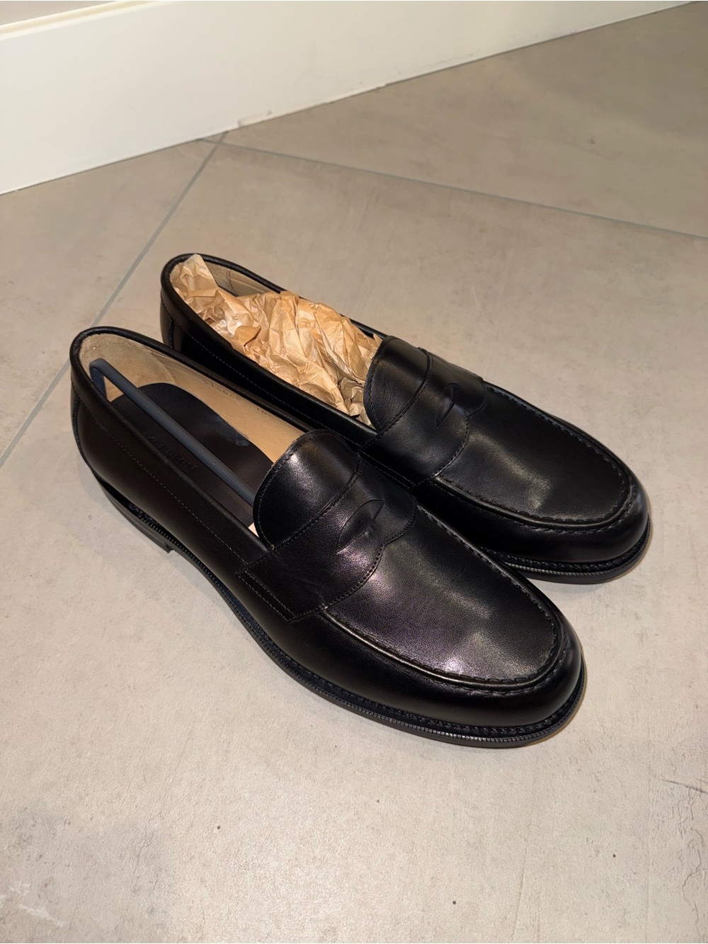 Meermin 514040 Size UK 10.5 Black Leather Penny Loafers with Beechnut Shoe Trees